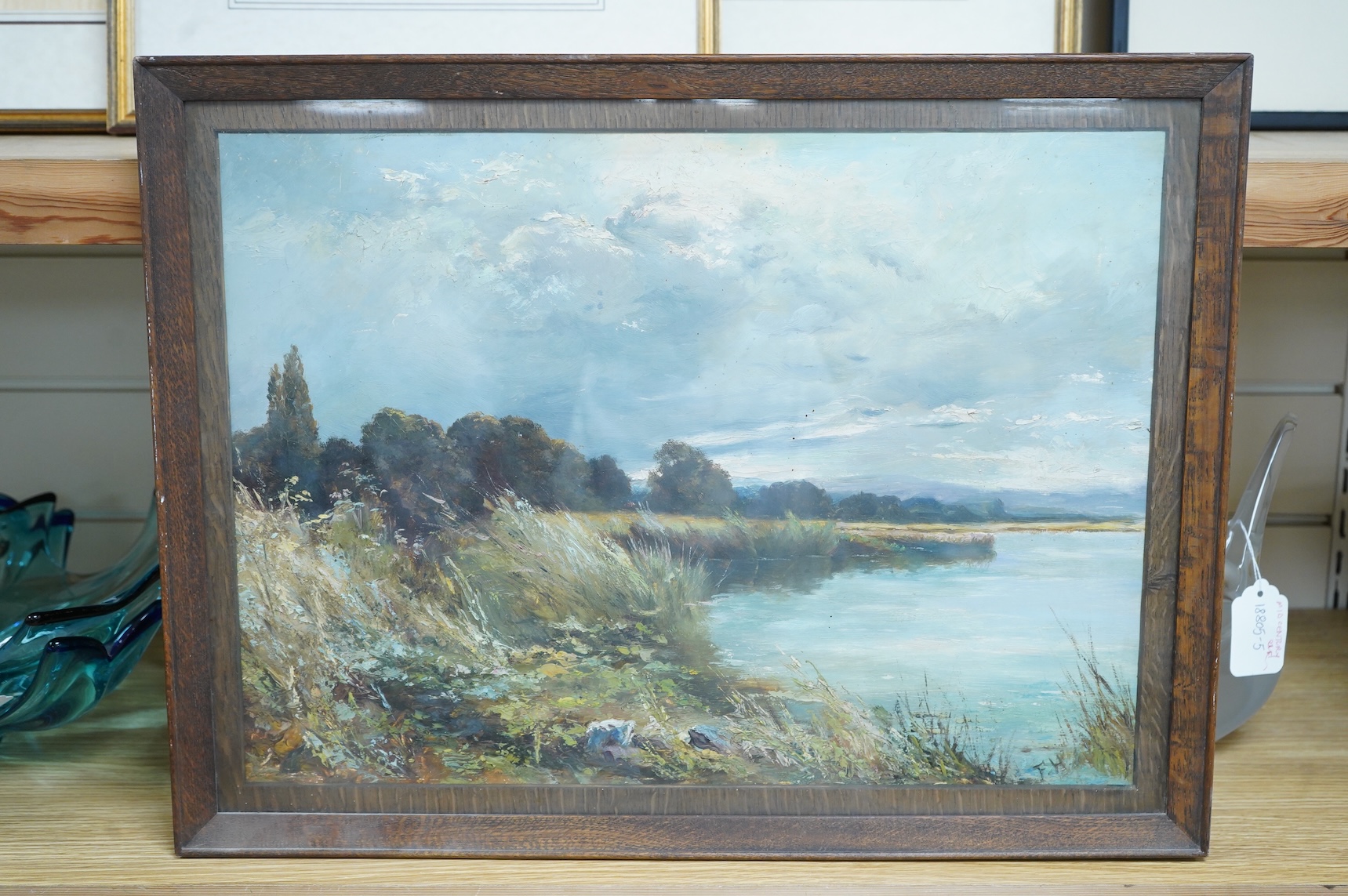 F. H., monogrammist, 'By the river', signed, Winter's Art Exhibition, Derby, 1887-1888 inscribed label verso, oil on canvas, 34 x 47cm